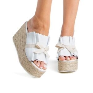 Beautiisoles Noelle Espadrille Bow Platform Wedge Sandals in White Leather Sz 11